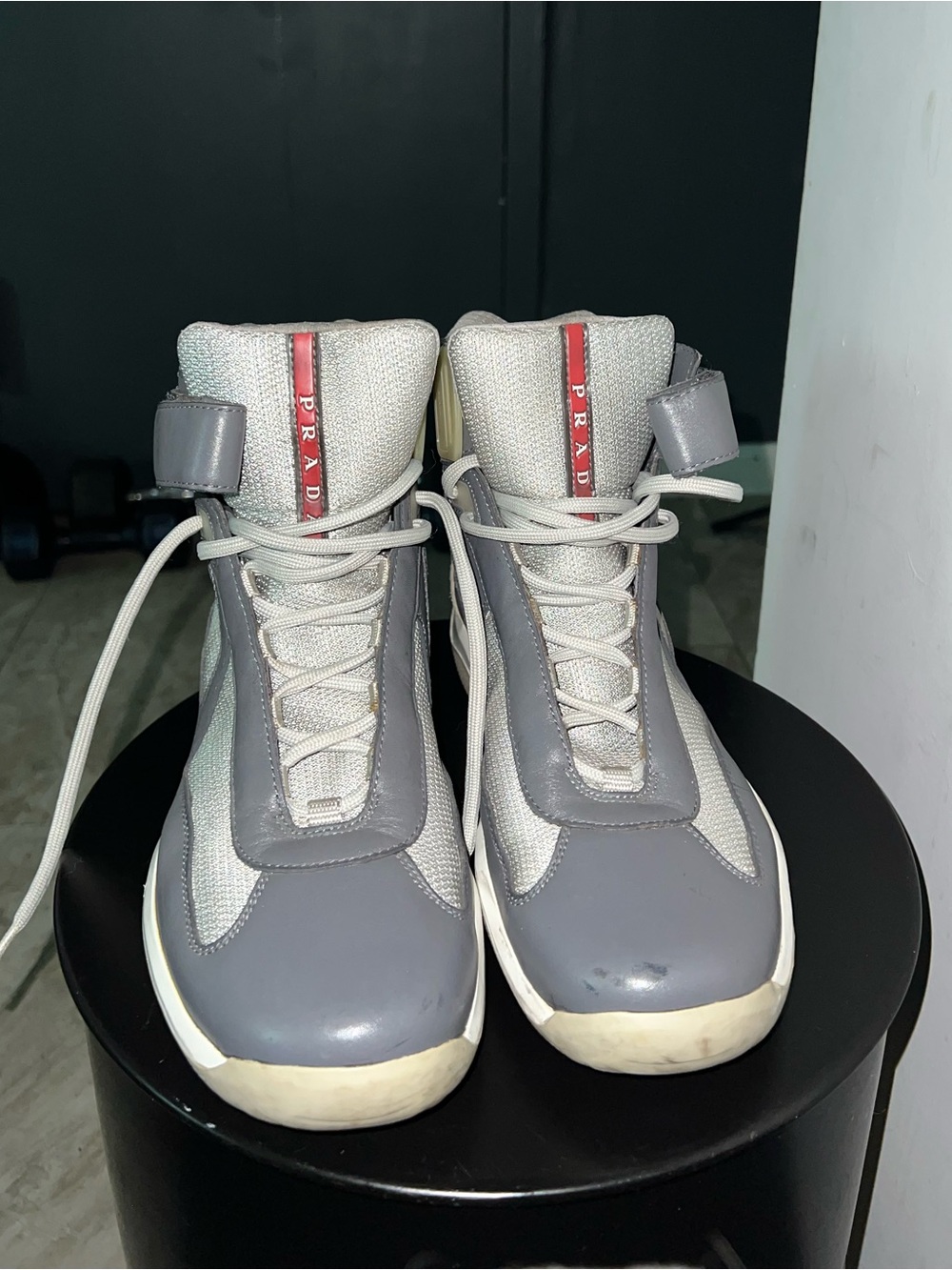 Prada Gray & White High-Top Sneakers with Red Tongue Detail